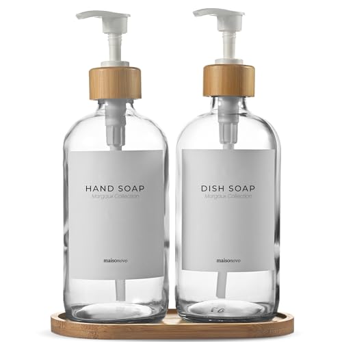 Dish Soap Dispenser Set (Clear Bottles White Bamboo Pumps)