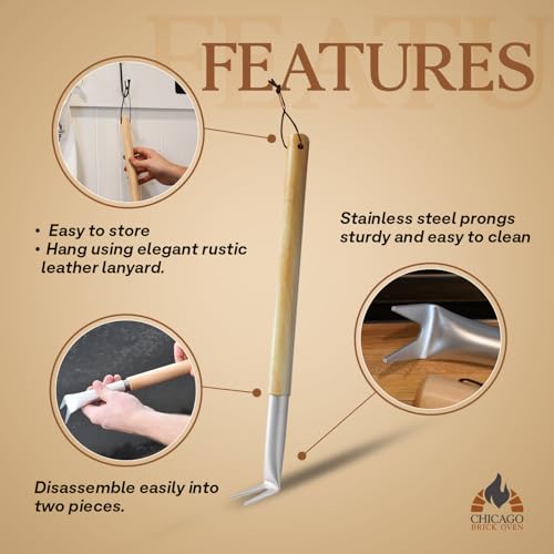 Pizza Bubble Popper Spinner Turning Fork Aluminum 17.5 inch with Wooden Handle and Leather Strap