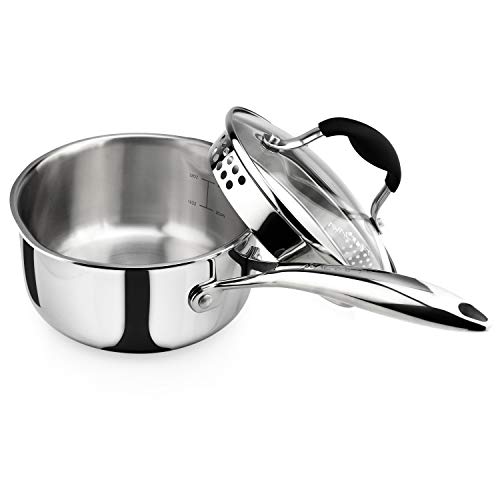 Tri Ply Stainless Steel Saucepan with Glass Strainer Lid (1.5 Quarts)