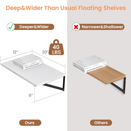 20W x 12D Deep Floating Shelves Set of 2 White (White With Black Metal Bracket / 20Wx12Dx5.8H)