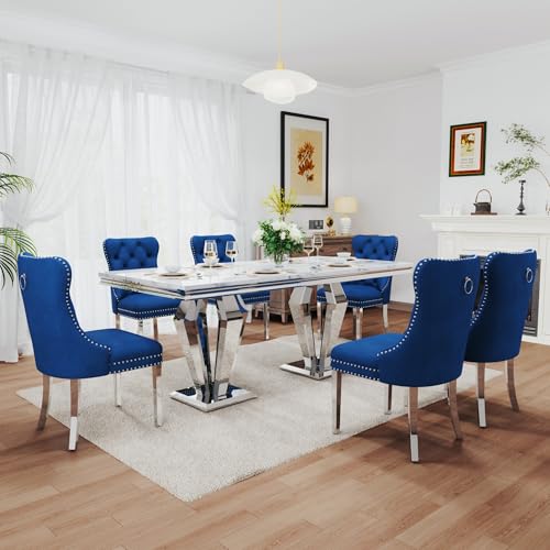 7 Piece Luxury Dining Room Set (Silver White + Blue / Dining Table + 6 Velvet Chair)