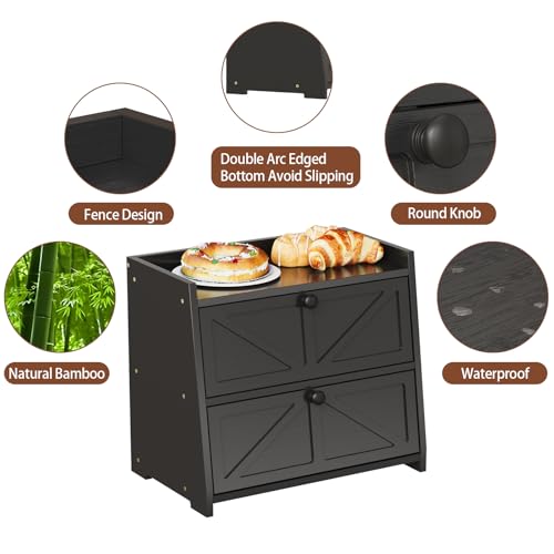 Vintage Double Layer Bread Box for Kitchen Counter Bamboo Bread Storage Container Large Capacity Bread Storage Bin (Black)