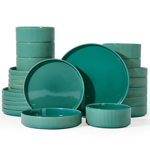 Stoneware Dinnerware Set with Pasta Bowls (Sage Green / Service for 6 - Double Bowls)