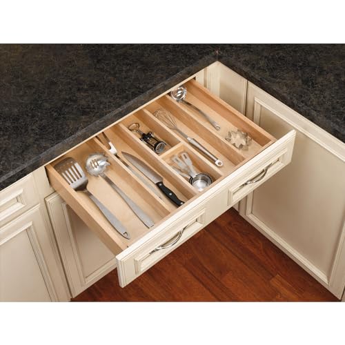 Trim-to-Custom-Fit Silverware Drawer Organizer For Kitchen Utensils, Cutlery Cabinet Storage Divider Insert, 23.98 x 21.97 In, Maple Wood, 4WUT-3 (24" W / Standard)