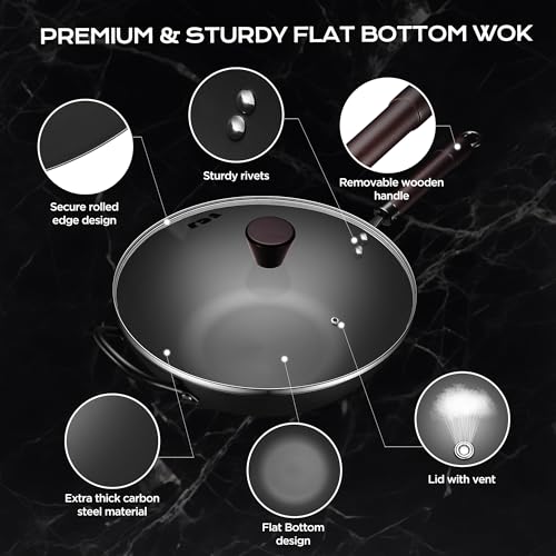 Wok 13 Inch Carbon Steel Wok Pan Set 6PCS & Stir (13 Inch)