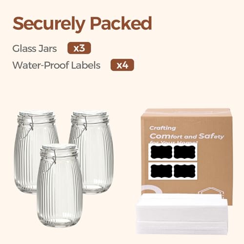 Large Ribbed Glass Jars with Airtight Lids 51 oz 3 Pack Wide Mouth (51 fl oz x 3 - Ribbed)