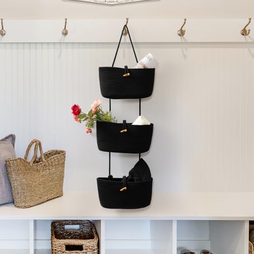 Over the Door Hanging Baskets with Button Strap (Black / 3 tier+Button)