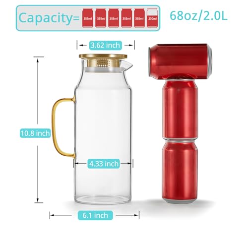 2 Pack 2 Liter 68 oz 2.1 Qt Gold Glass Pitcher with Lid and Handle (Gold / 68 Ounces (2 Pack))