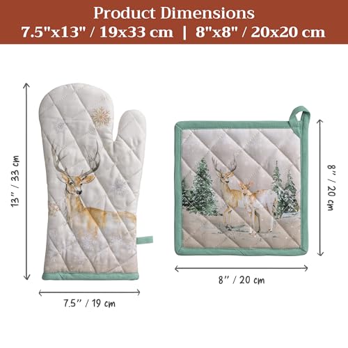 100% Cotton Oven Mitt & Pot Holder Set (049 - Deer in the Woods / 7.5" x 13" & 8" x 8" (Oven Mitt & Pot Holder))