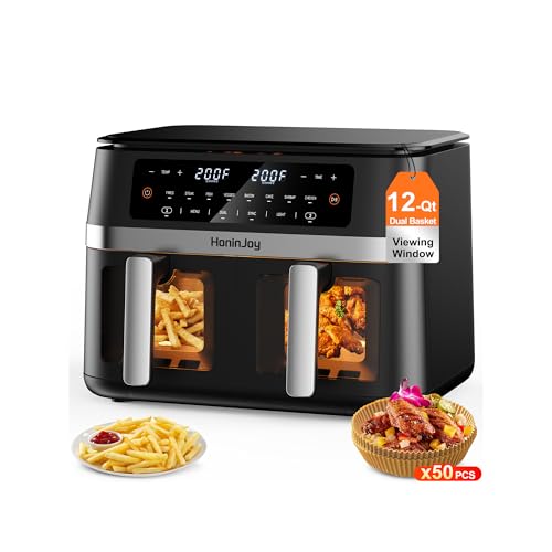 12QT 12-in-1 Large Dual Basket Air Fryer with 50pcs Paper Liners (6+6 Quart)