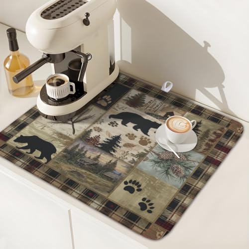Black Bear Dish Drying Mat Forest Cabin Decorative Dishes Pad 16x18 Inch Absorbent Fast Dry Dish Drainer Rack Mats for Kitchen Counter Sink (Black Bear / 16" x 16")