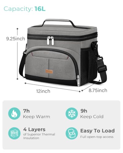 Lunch Box for Men Women Insulated Lunch Tote Cooler Bag Lunchbox (Light Grey / Large)