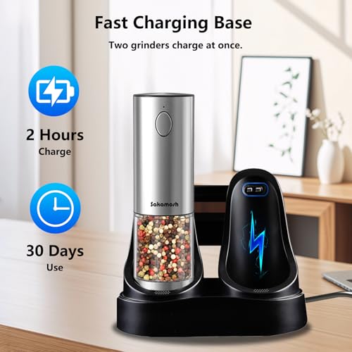 Salt & Pepper Grinder Set with Rechargeable Base (Silver Upgrade)