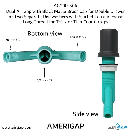 Dual Air Gap with Black Matte Brass Cap for Double Drawer or Two Separate Dishwashers with Skirted Cap and Extra Long Thread for Thick or Thin Countertops (AG200-504)