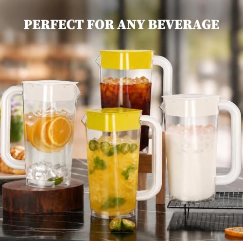 4 Pack 2L 68 oz Plastic Pitcher with Lid & Handle (White-yellow-4pack)