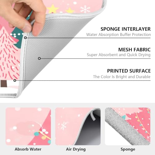 Christmas Tree Pink Dish Drying Mat for Kitchen Counter Absorbent Microfiber Large Drying Pad Winter White Snowflake Xmas Dish Mats for Kitchen Countertops 18 x 24 Inch (Christmas Tree Pink / 24" x 18")