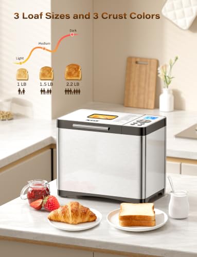 19-in-1 Programmable Bread Maker, 2.2LB Bread Machine with Healthy Ceramic Pan, Stainless Steel Bread Maker Machine with 15H Timer& 1H Keep Warm, Sourdough, Gluten Free, 3 Crust Colors, 53 Recipes (Solid Silver Stainless Steel)