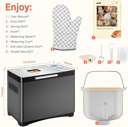 19-in-1 Programmable Bread Maker,2LB Large Bread Machine Stainless Steel with Sourdough,Gluten-Free,Nonstick Ceramic Pan,650W Bread Maker Machine with 15H Timer&1H Keep Warm,3 Crust Colors,Recipes (2LB Large Size)