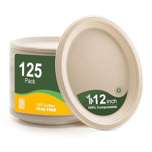 100% Compostable Oval Paper Plates 12 Inch 125 (Natural / 12Inch（125 PCS）)