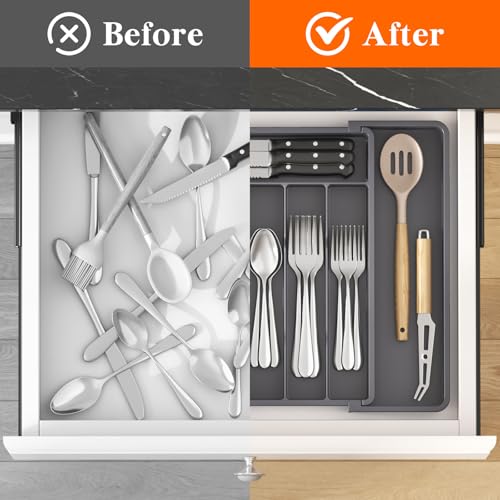 Expandable Silverware Drawer Organizer (Dark Grey / Large (11-18''W x 14''D))