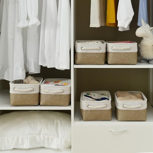 Storage Basket for Organizing (White & Khaki / Small -11.8Lx7.9Wx5.2H)