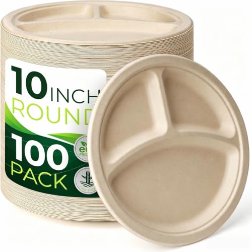 100PCS 100% Compostable 10in Brown Paper Plate (Original / 10in Sectional(100count))