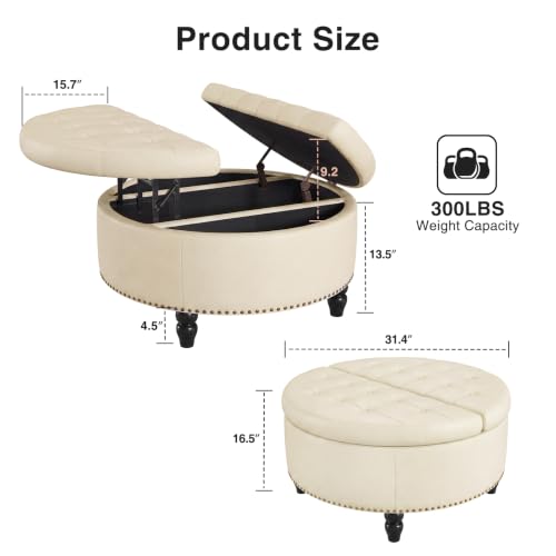 31.5" Large Round Ottoman with Storage Circular (Cream White)