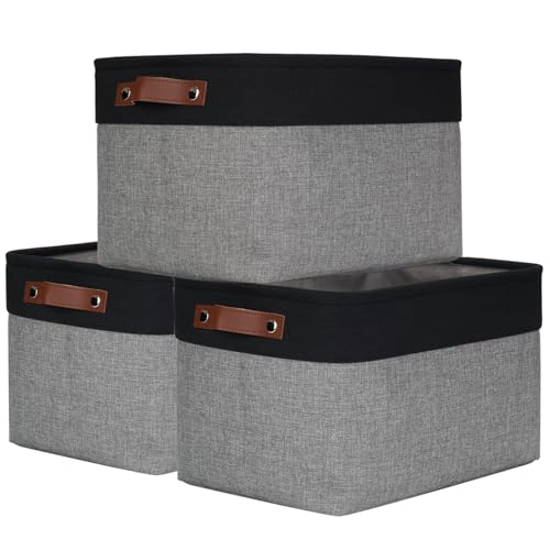 Storage Bins Large Fabric Storage Baskets for Shelves 3 Pack (Gray / Black / Large -15"x11"x9.5")