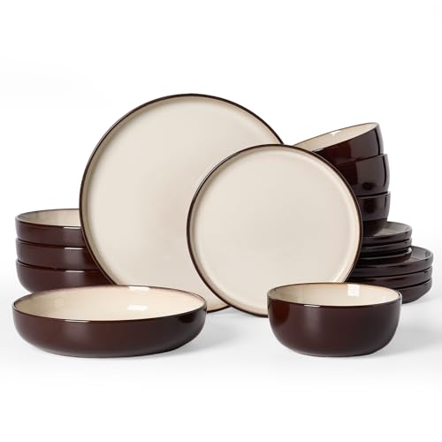Milkyway 16 Piece Stoneware Dinnerware Set with Pasta Bowls (Light khaki & Cocoa / Service for 4 (Include Pasta Bowls))