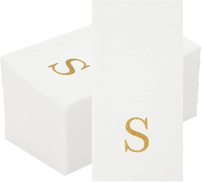 Luxenap 15.8 X 7.9 Inch Linen-Feel Guest Towels, 50 Lettered Hand Towels - Gold Letter 'S', Sans Serif Font, White Paper Dinner Napkins, airlaid, For Restrooms And Tables