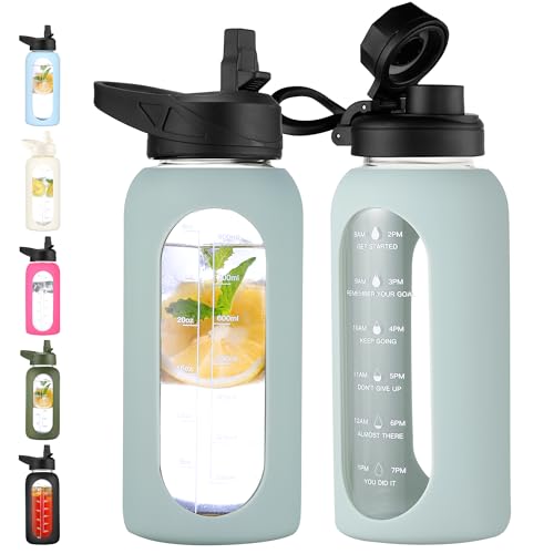 32 oz Glass Water Bottle with Straw (.Sage / 32 Ounces)