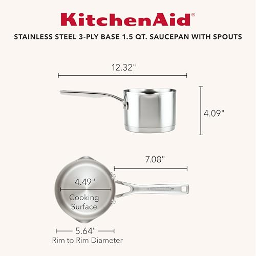 3 Ply Base Stainless Steel Sauce Pan with Pour Spouts (Brushed Stainless Steel / 1.5 Quarts)