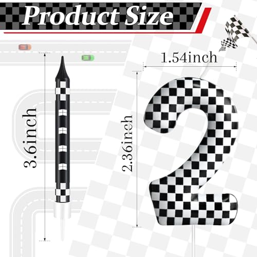 13 Pcs Racing Cars Themed Birthday Candles Black and White Race Number 2 Checkered Candle Cake Topper for Racing Car Party Decoration Supplies (13 Count)