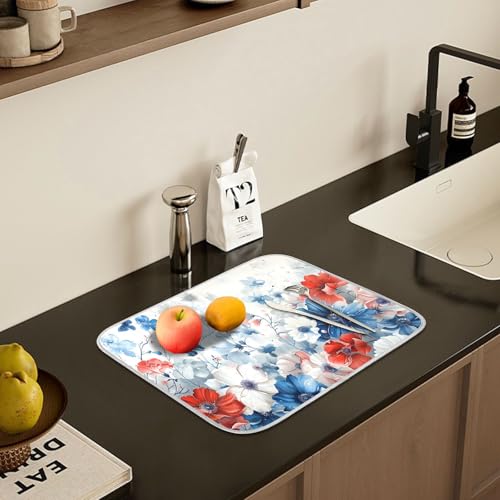 4th of July Patriotic Blue Red White Flowers Dish Drying Mat for Kitchen Ccounter Absorbent Microfiber Small Independence Day Drying Pad Dish Mats for Kitchen Countertops 16 x 18 Inch (18" x 16")
