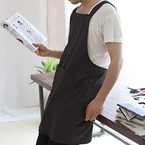 Japanese Linen Cross Back Kitchen Cooking Aprons for Men with Pockets for Baking Painting Gardening Cleaning Black