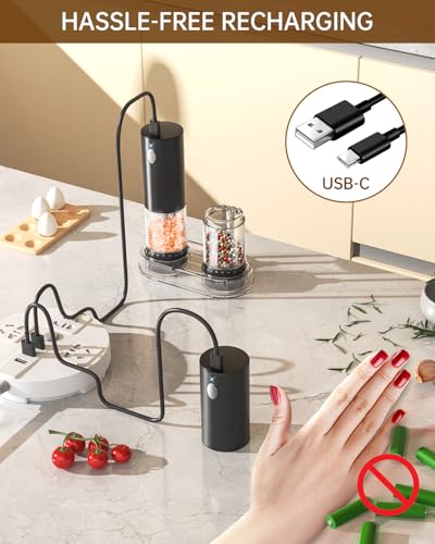 Electric Salt and Pepper Grinder Set Rechargeable Salt and Pepper Mills with 6 (Black)