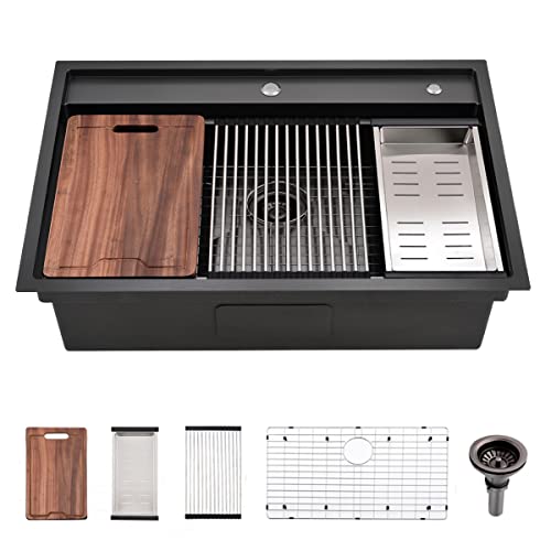 33 Inch Black Drop In Kitchen Sink (33"L x 22"W x 10"D / Black（Splash Guard）)