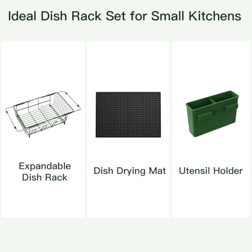 Green Expandable Dish Drying Rack Over Sink with Extra Drying Mat (Green / For 11.5"-16" W Sink with Cup Holder & Mat)