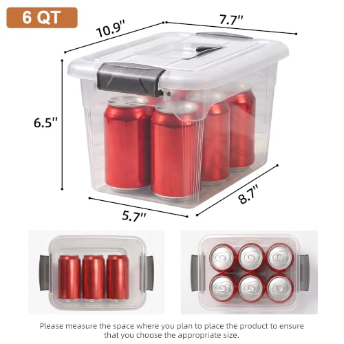 4 Packs 6 QT Storage Bins with Lids Clear Plastic Bins with Grey Handle Stackable Storage Containers for Organizing (6.0QT / 4 PACK)