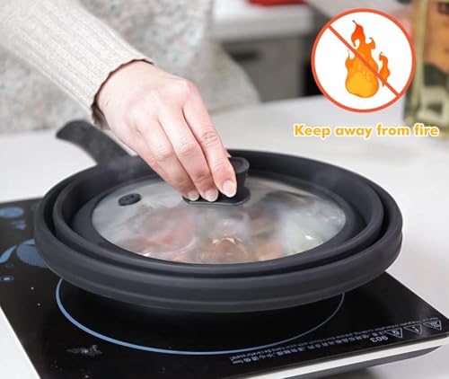 Microwave Splatter Cover Glass Guard Lid with Collapsible Silicone for Food Pot Plate 9.8 inch Black (Black / 9.8 inch)