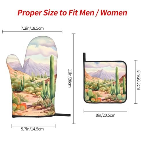 Desert Cactus Oven Mitts and Pot Holders Sets of 3 Heat Resistant Oven Gloves Hot Pads Non (Desert Cactus)