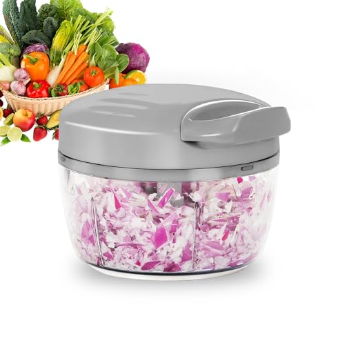 Manual Food Processor Vegetable Chopper 2.3 Cup Small Mini Hand Pull String Onion Chopper Garlic Mincer Cutter with 3 Stainless Steel Blades (Grey - 2.3 Cup)