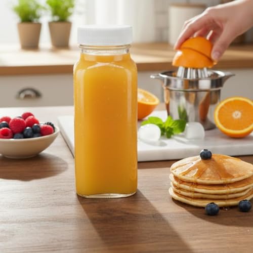 8oz Square Glass Juice Shot Bottle with Lid (8oz / 8 Pack)