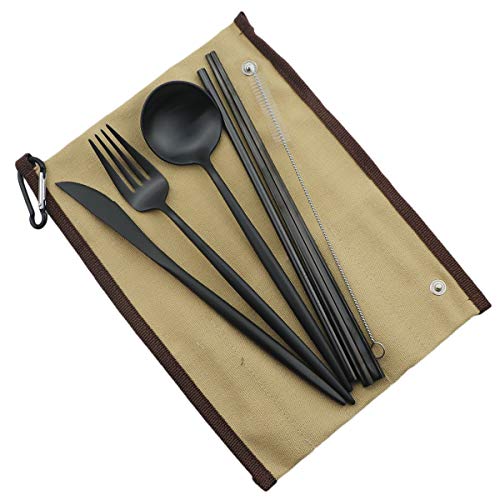 Reusable Travel Utensils (Khaki Pouch / Black)