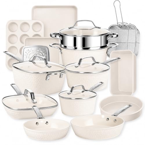 HAMMERED 20 Pc Ceramic Cookware Set (Cream)