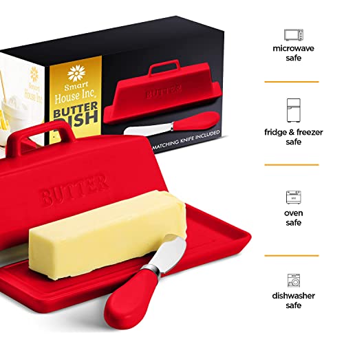 Ceramic Butter Dish Set with Lid and Knife (Red)