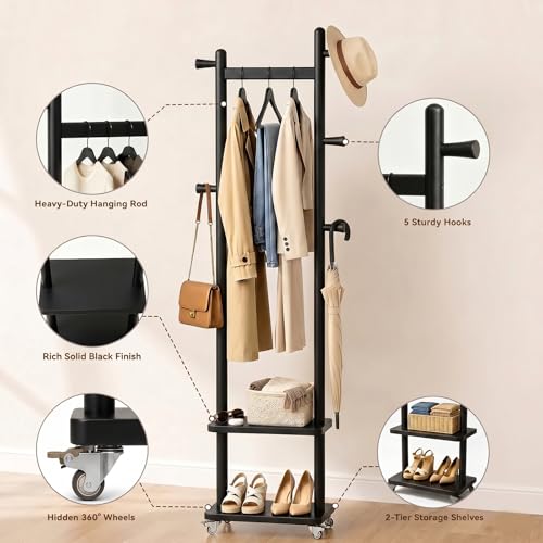 Small Clothes Rack Solid Wood Coat Rack Freestanding with Wheels