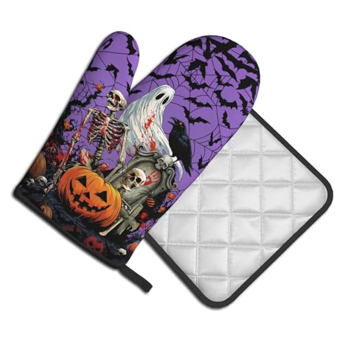 Halloween Pumpkin Oven Mitts and Pot Holder Set of 2 Spooky Ghost Bat Heat Resistant Kitchen Gloves Hot Pad for Baking Cooking Grilling BBQ (Halloween Purple)