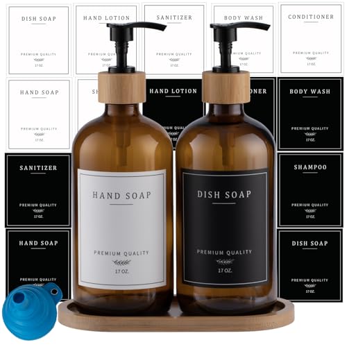 Amber Glass Soap Dispenser (Amber Bottle + 14 Labels + Funnel + Tray)
