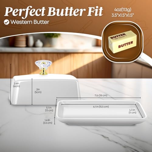Large Ceramic Butter Dish with Lid & Crystal Handle (White – Crystal Handle / Large)